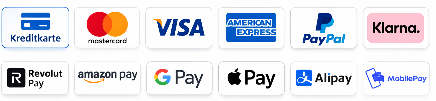 Zahlungsmöglichkeiten: Mastercard, Visa, American Express, PayPal, Klarna, Revolut Pay, Amazon Pay, Google Pay, Apple Pay, Alipay, MobilePay