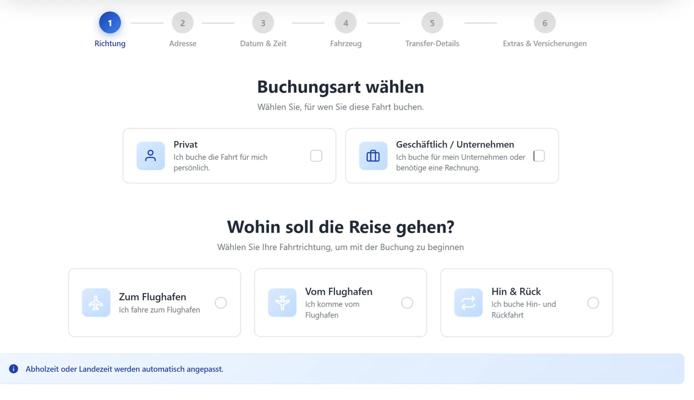 Buchungsart und Fahrtrichtung wählen